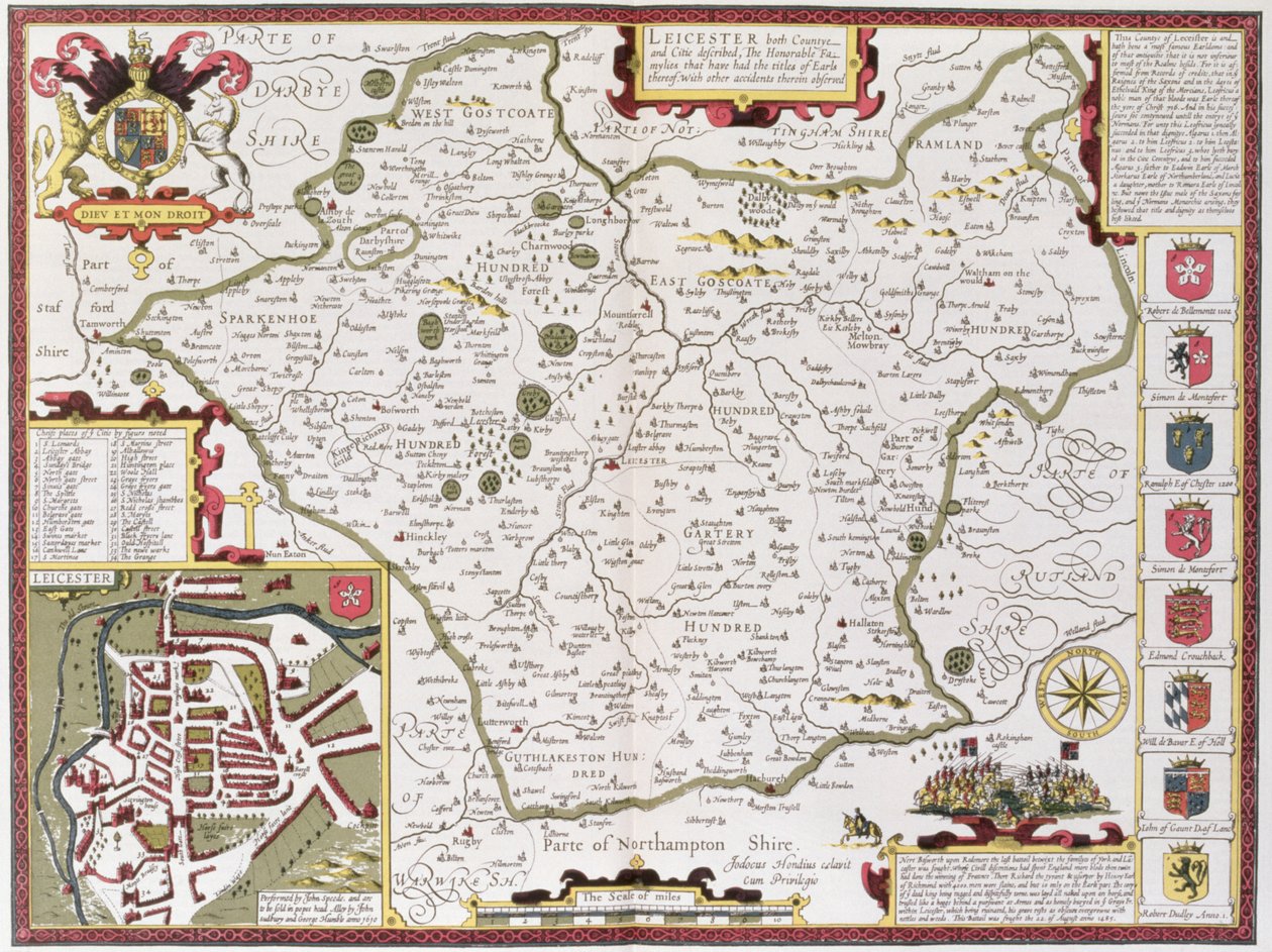 Leicester, grawerowane przez Jodocusa Hondiusa (1563-1612) z „Teatru Imperium Wielkiej Brytanii” Johna Speeda, wyd. John Sudbury i George Humble, 1611-12 (ręcznie barwiony miedzioryt) autorstwa John Speed