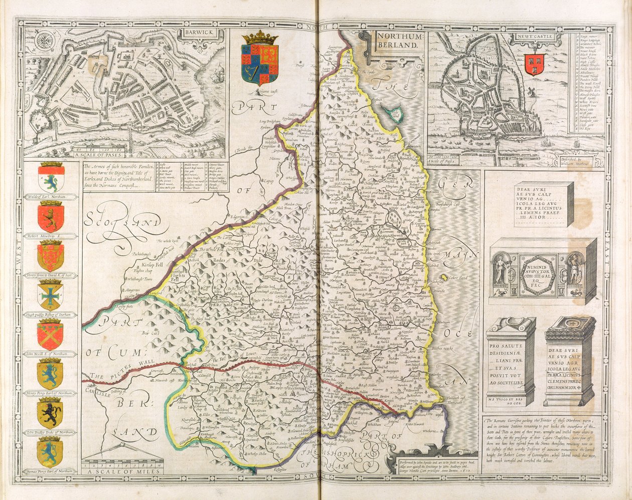 Mapa Northumberland, z „Teatru Imperium Wielkiej Brytanii”, 1611-12 autorstwa John Speed