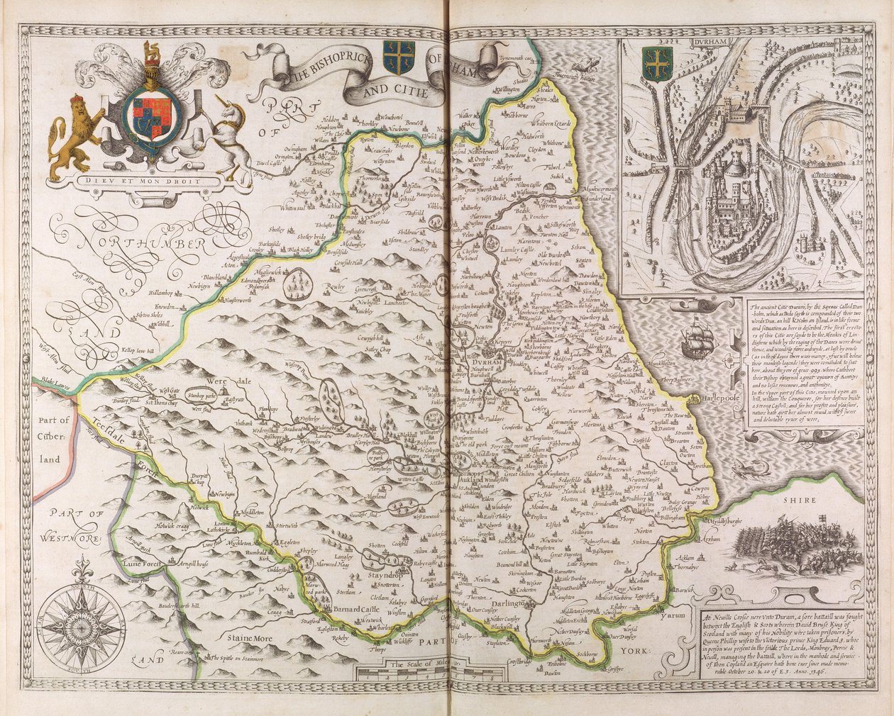 Bishoprick i miasto Durham, z „Teatru Imperium Wielkiej Brytanii”, 1611-12 autorstwa John Speed