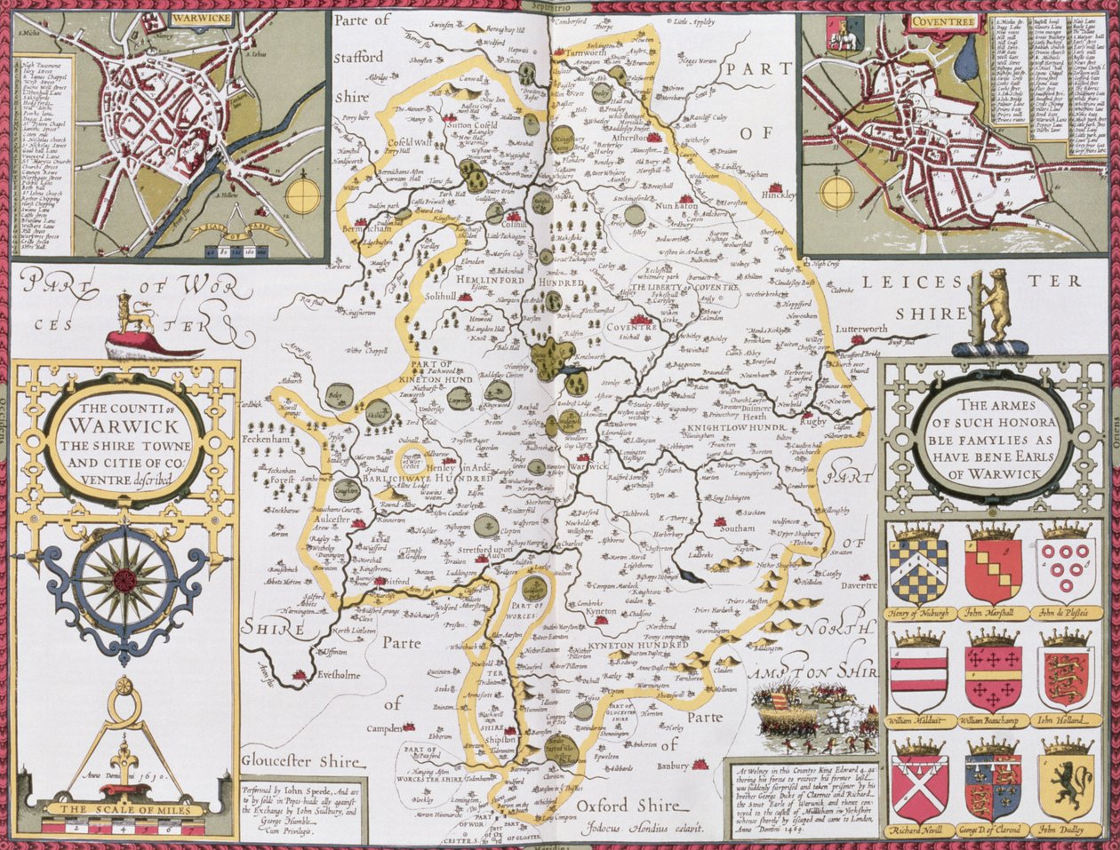 Hrabstwo Warwick, Shire Town i Coventry, wyryte przez Jodocusa Hondiusa (1563-1612) z „Teatru Imperium Wielkiej Brytanii” Johna Speeda, wyd. autorstwa Johna Sudbury