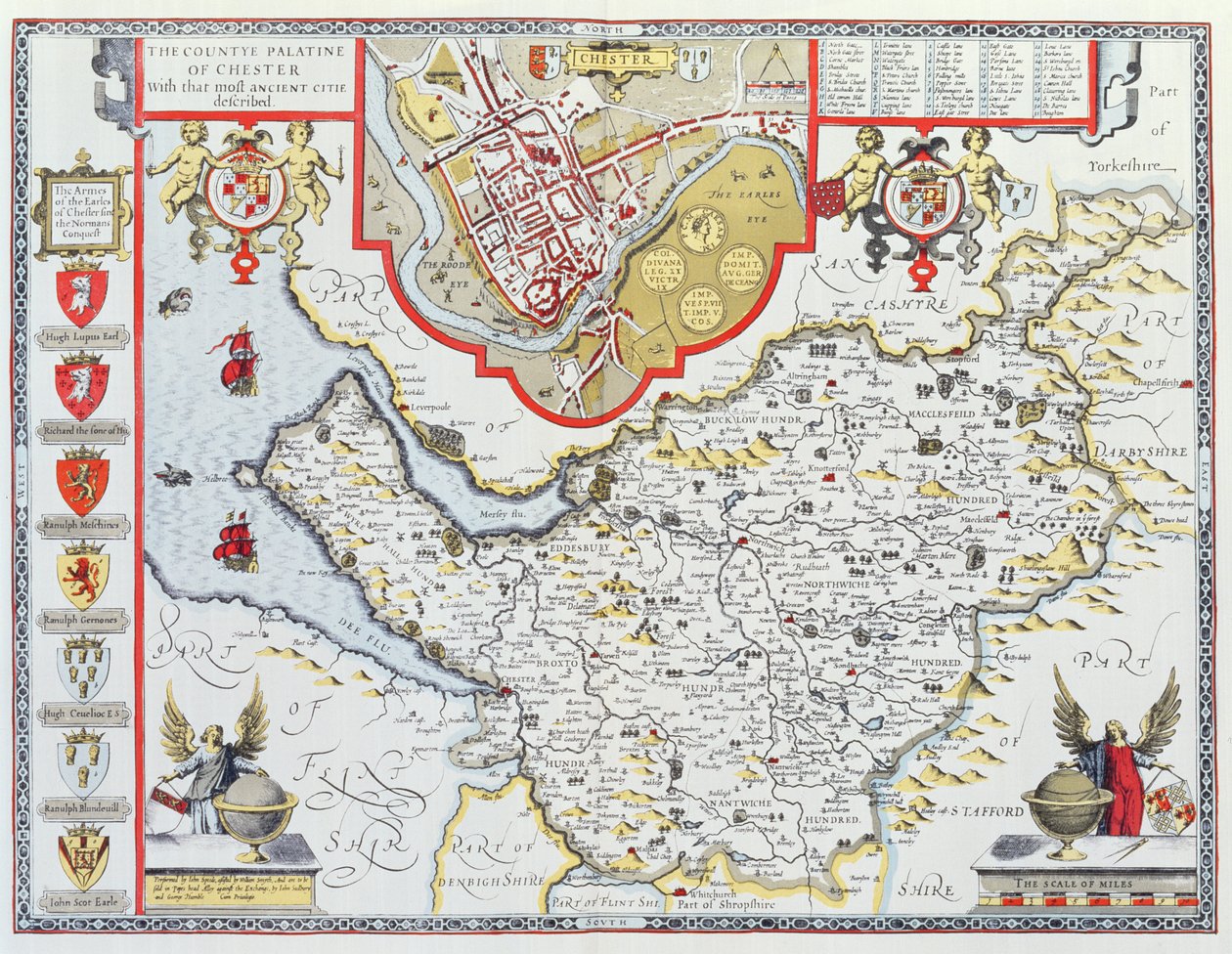 Countye Palatine of Chester, ryty przez Jodocusa Hondiusa (1563-1612) z „Teatru Imperium Wielkiej Brytanii” Johna Speeda, wyd. autorstwa Johna Sudbury i George