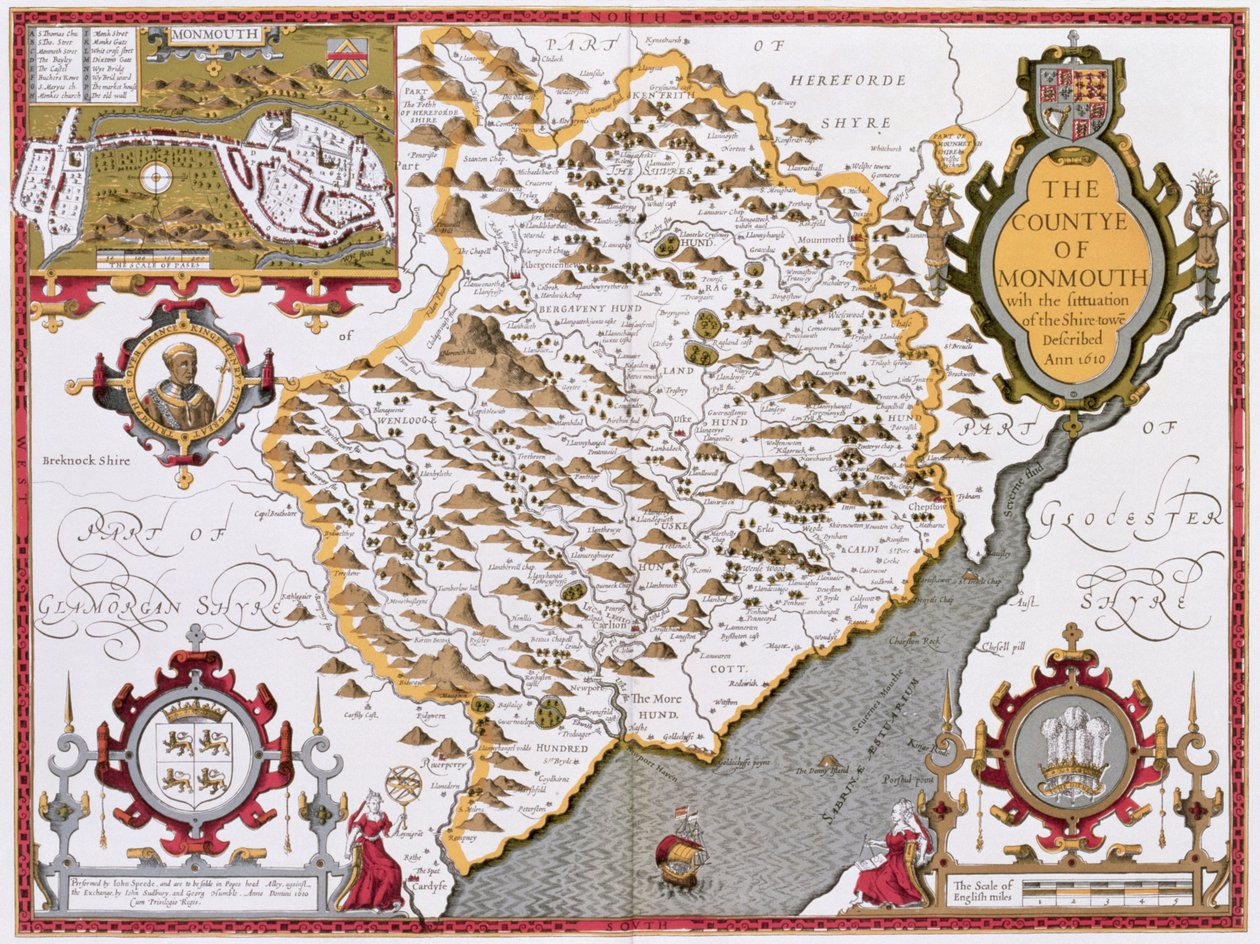 Hrabstwo Monmouth, rytowane przez Jodocusa Hondiusa (1563-1612) z „Teatru Imperium Wielkiej Brytanii” Johna Speeda, wyd. autorstwa Johna Sudbury i George
