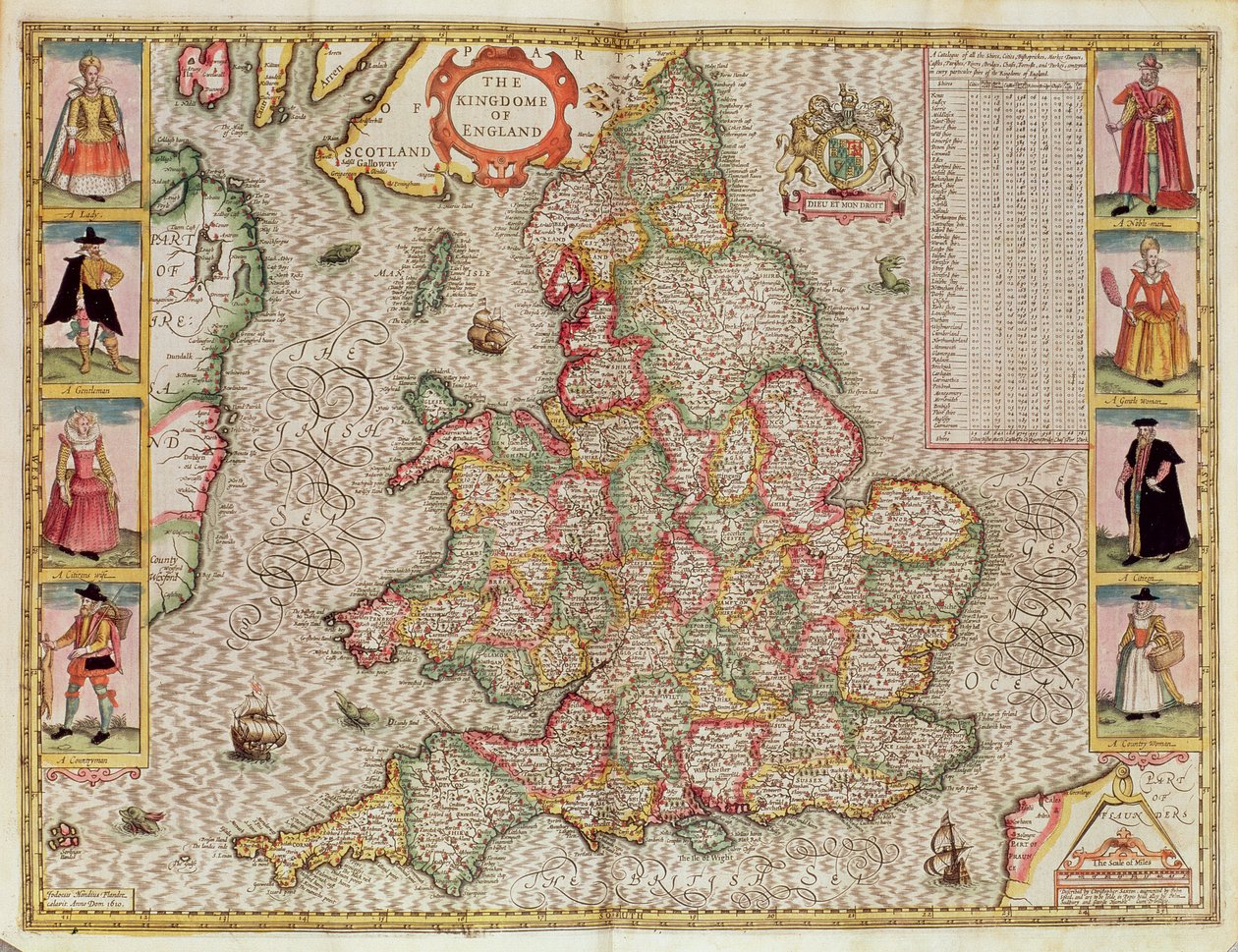 Kingdome of England, rytowane przez Jodocusa Hondiusa (1563-1612) z „Teatru Imperium Wielkiej Brytanii” Johna Speeda, wyd. autorstwa Johna Sudbury i George