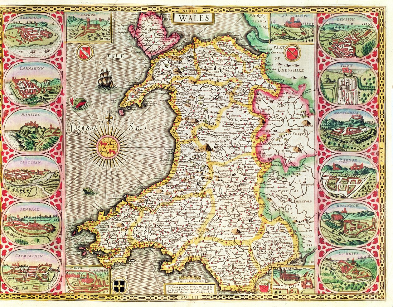 Walia, grawerowana przez Jodocusa Hondiusa (1563-1612) z „Teatru Imperium Wielkiej Brytanii” Johna Speeda, wydanego przez Johna Sudbury i George