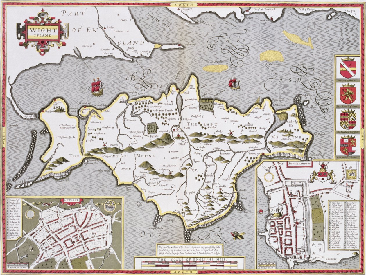 Wyspa Wighta, rytowana przez Jodocusa Hondiusa (1563-1612) z „Teatru Imperium Wielkiej Brytanii” Johna Speeda, wyd. John Sudbury i George Humble, 1611-12 (ręcznie barwiony miedzioryt) autorstwa John Speed