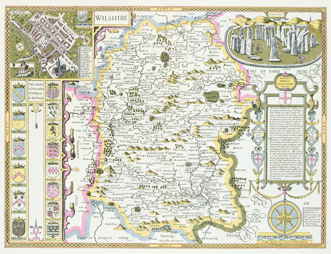 Wiltshire, grawerowane przez Jodocusa Hondiusa (1563-1612) z Teatru Imperium Wielkiej Brytanii Johna Speeda, wyd. John Sudbury i George Humble, 1611-12 (ręcznie barwiony miedzioryt) autorstwa John Speed