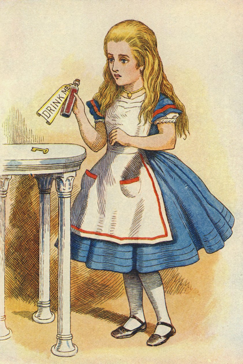 ایلیس یو بوتل کشف کړ چې "ما څښل" (رنګ نقاشي) پولي نښه شوې autorstwa John Tenniel