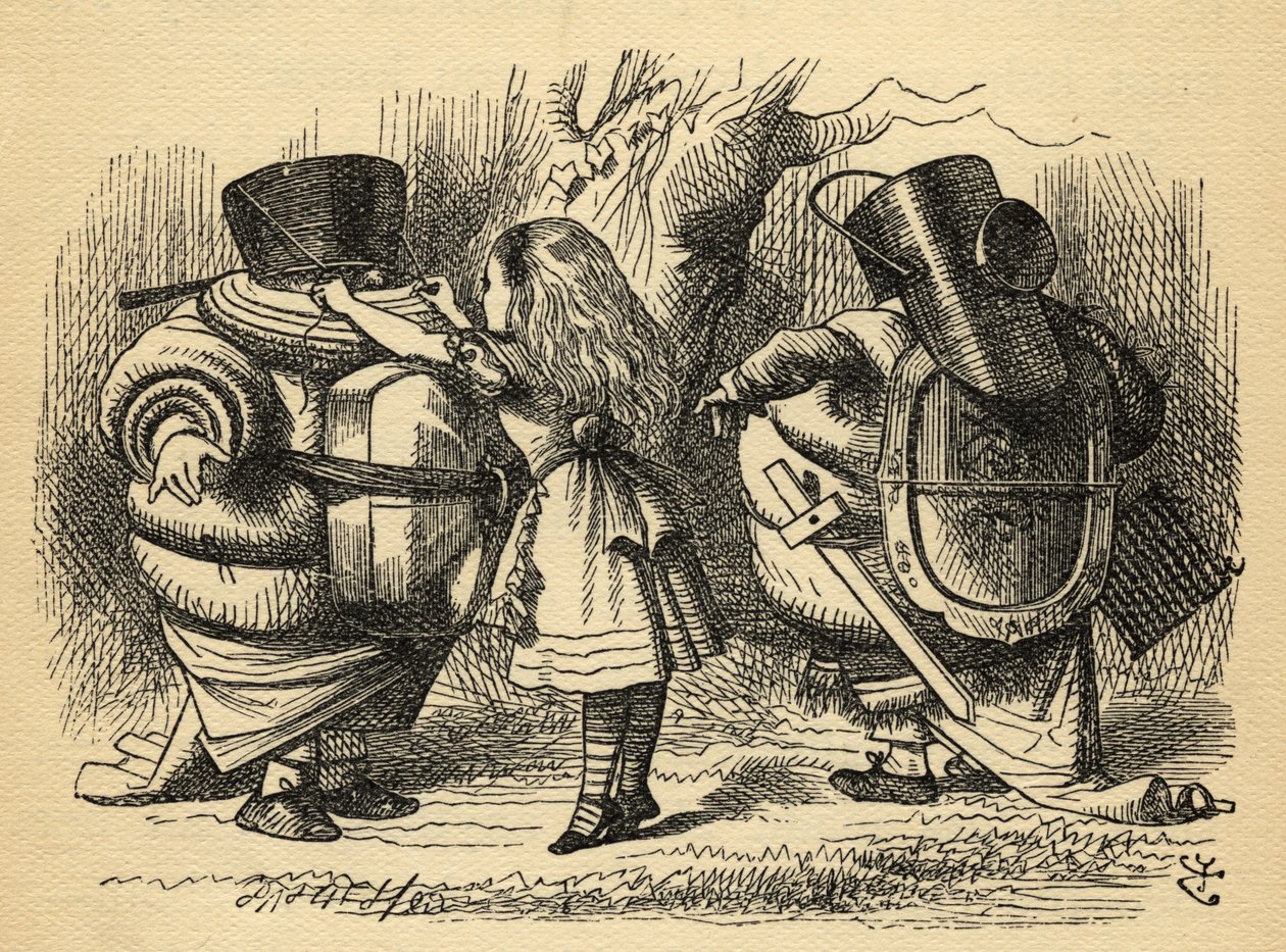 Bitwa o grzechotkę, ilustracja z „Po drugiej stronie lustra” Lewisa Carrolla (1832-98) opublikowana po raz pierwszy w 1871 r. autorstwa John Tenniel