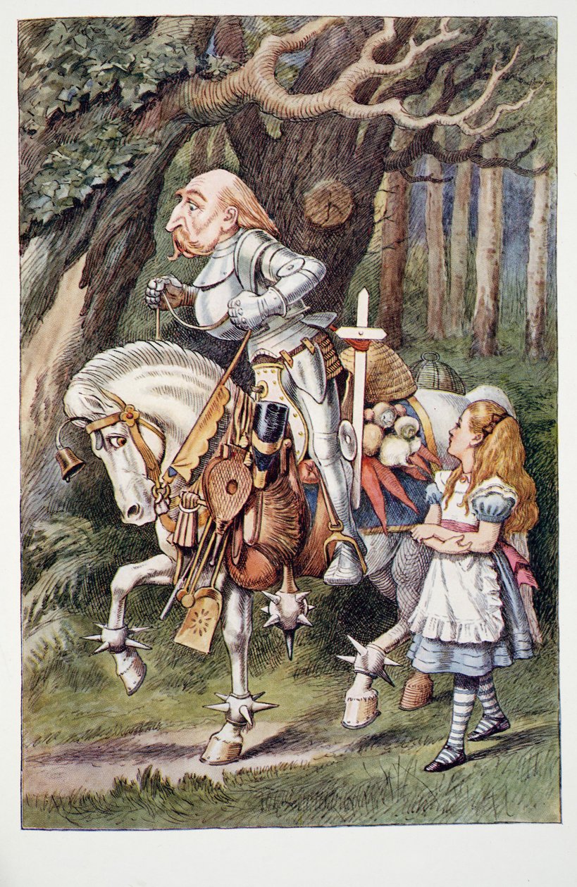 Biały Rycerz, Przygody Alicji w krainie czarów i Przez szkiełko i co Alicja tam znalazła, autorstwa Lewisa Carrolla (1832 - 98), wyd. 1911 (litografia kolorowana) autorstwa John Tenniel