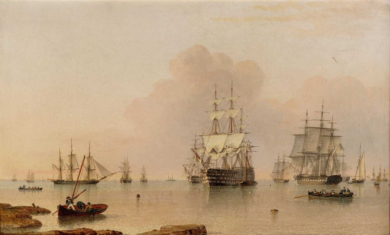 H.M.S. Britannia na kotwicy z flotą autorstwa John Ward of Hull