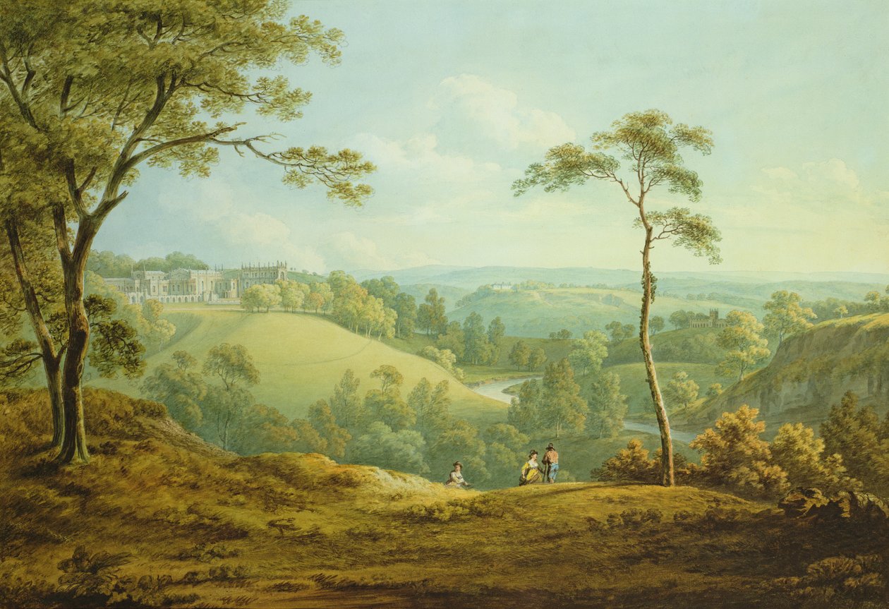 Pałac Biskupi, Zamek Auckland, z Deercote Beyond (akwarela na papierze) autorstwa John Warwick Smith
