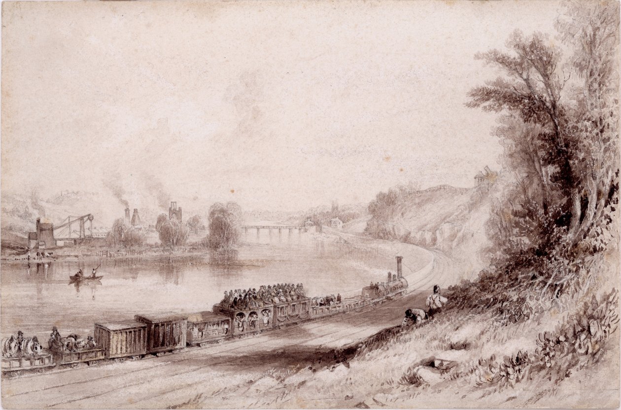 The River Wall w Wylam Scars (wc i tusz na papierze) autorstwa John Wilson Carmichael