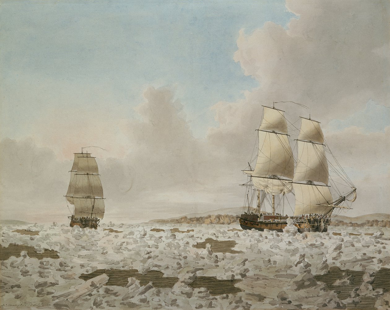 Koń wyścigowy i tusza przedzierają się przez lód autorstwa John the Younger Cleveley