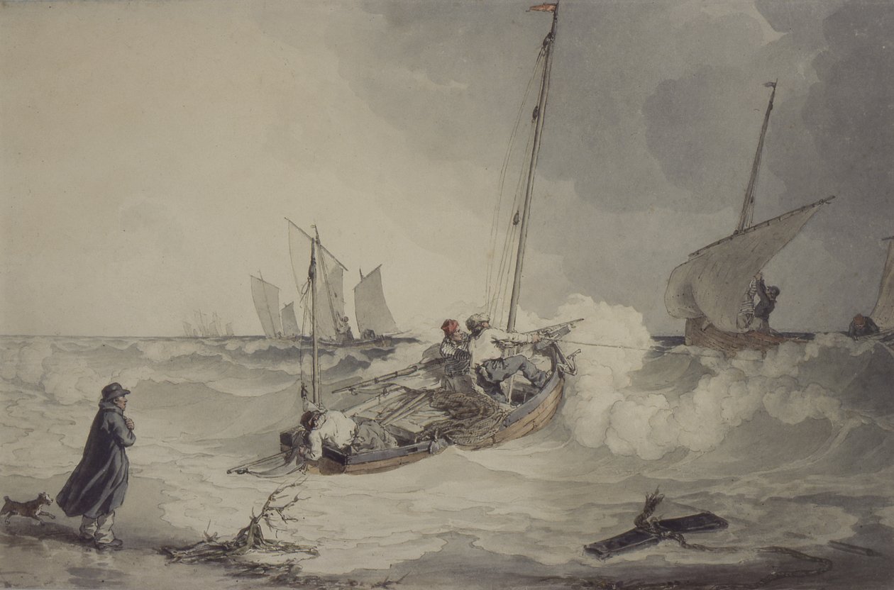Łodzie rybackie Wypływające, akwarela autorstwa John Augustus Atkinson