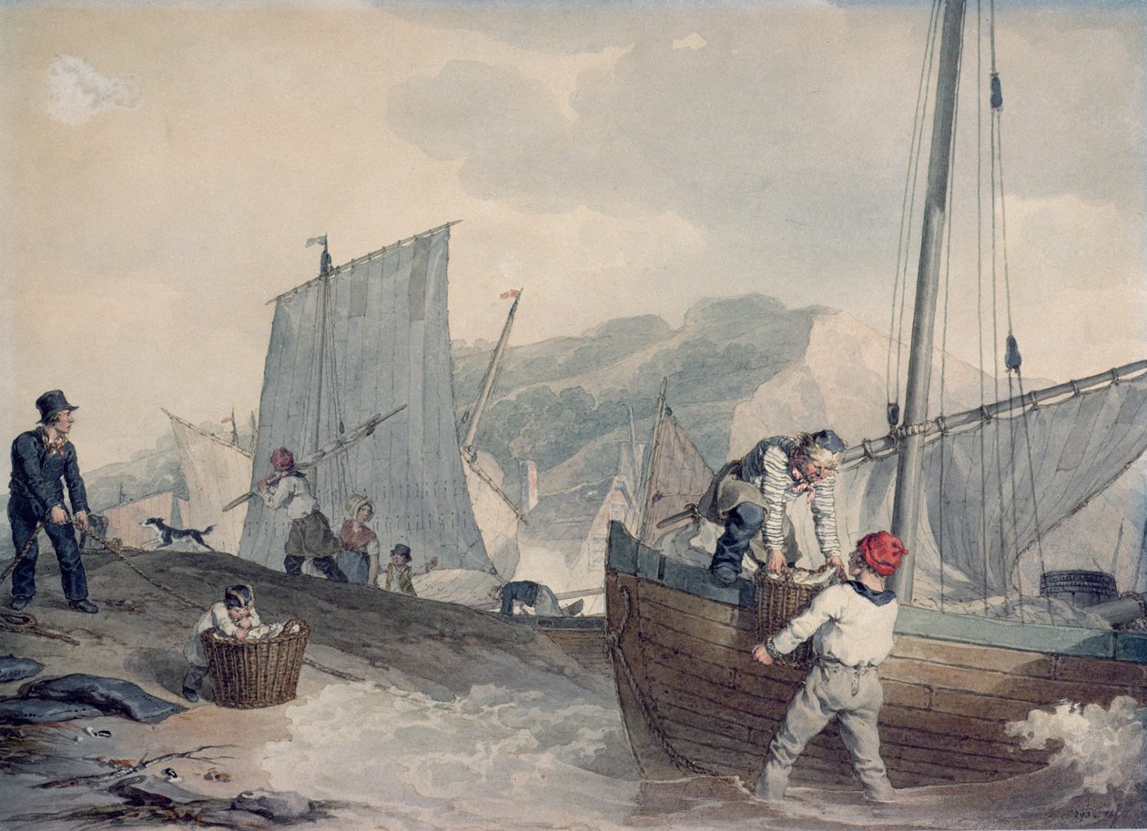 Rozładunek łodzi rybackich (akwarela) autorstwa John Augustus Atkinson