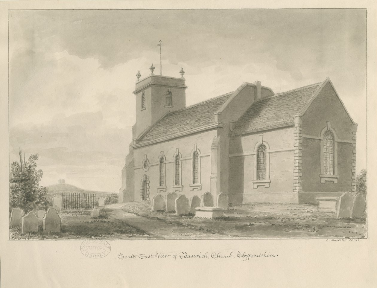 Kościół Baswich: rysunek w sepii, 1841 autorstwa John Buckler