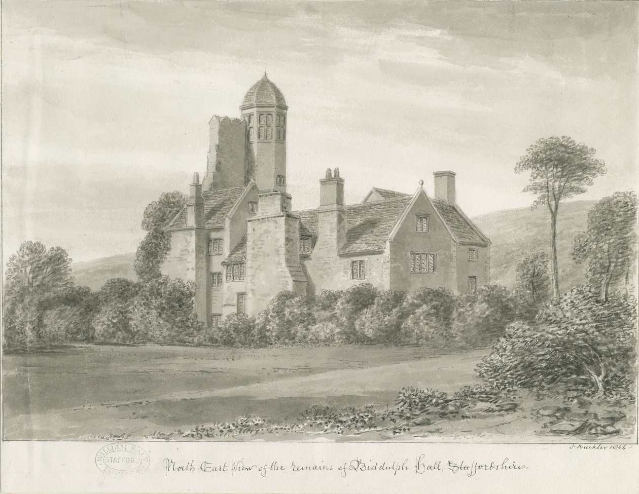 Biddulph Hall (stary): rysunek w sepii autorstwa John Buckler