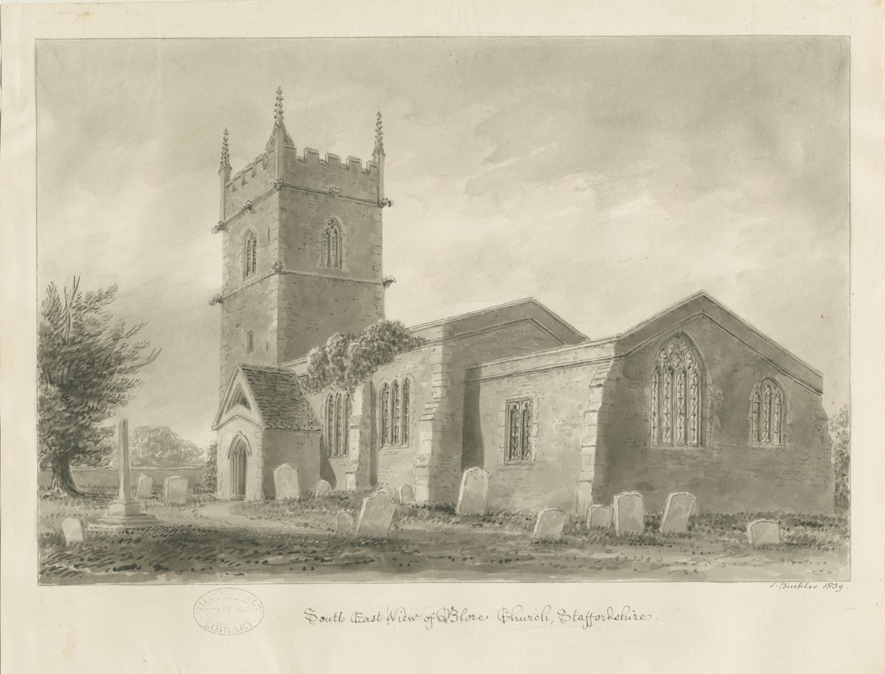 Blore Church: rysunek w sepii, 1839 autorstwa John Buckler