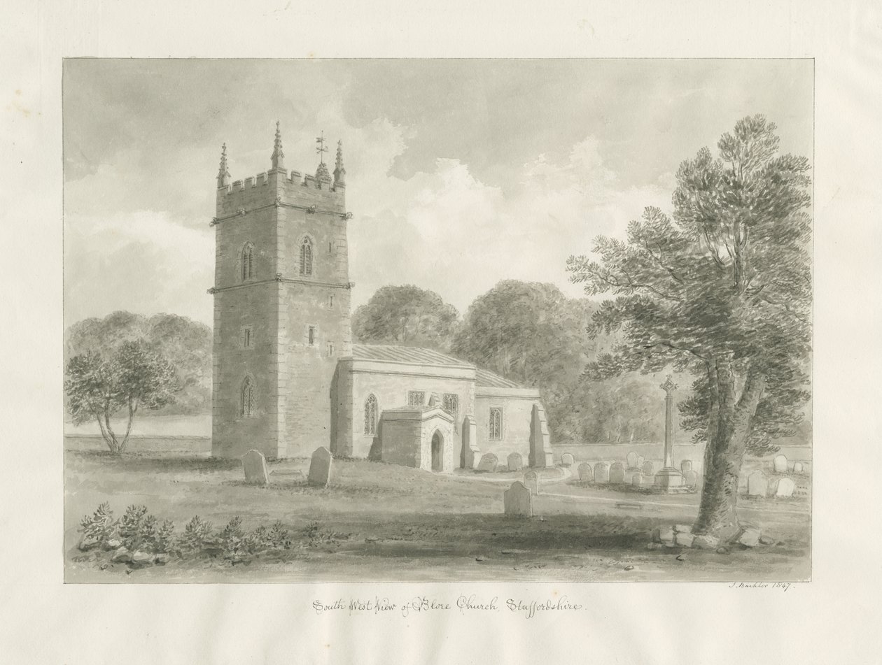Blore Church: rysunek w sepii, 1847 autorstwa John Buckler