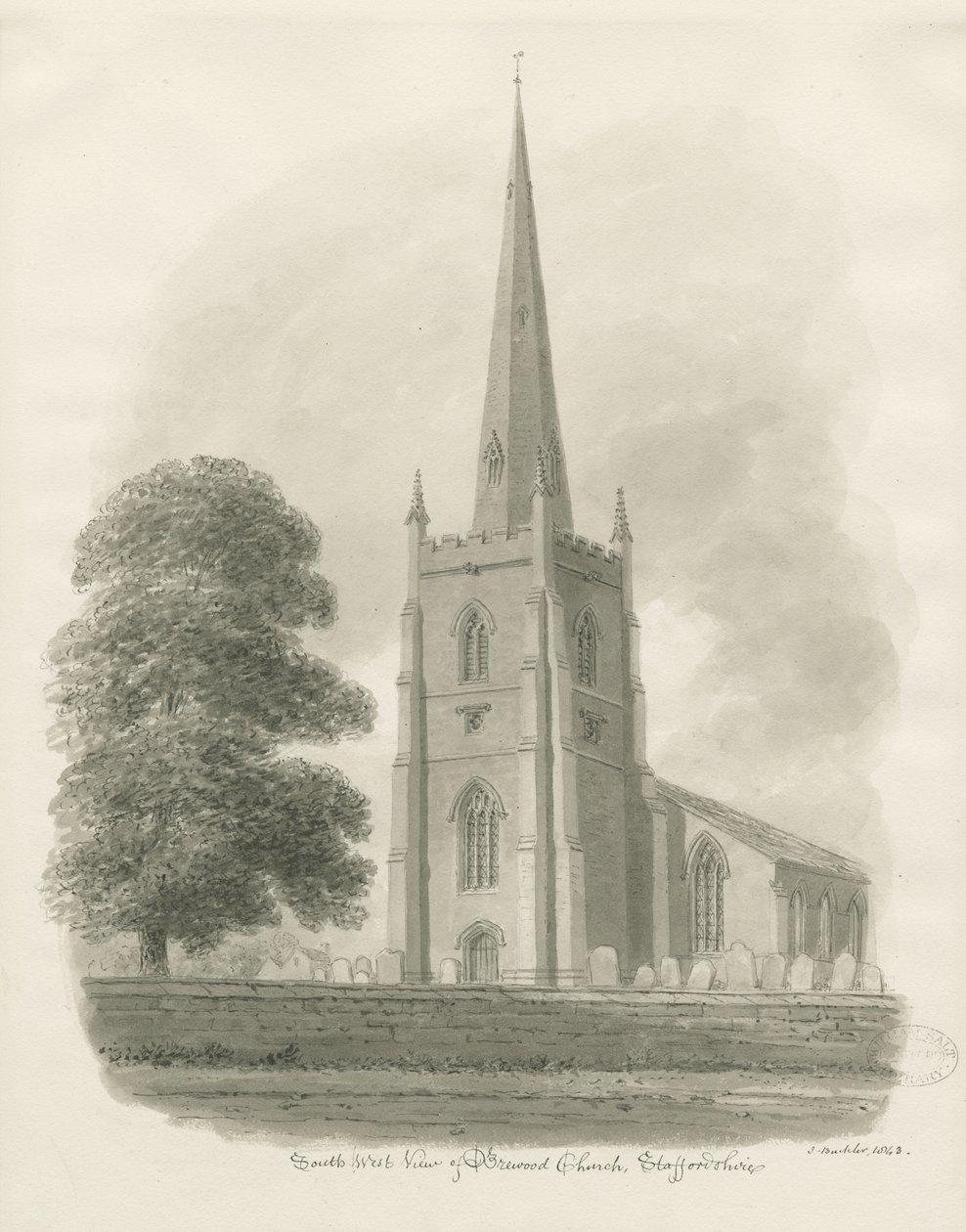 Kościół Brewood: rysunek w sepii, 1843 autorstwa John Buckler