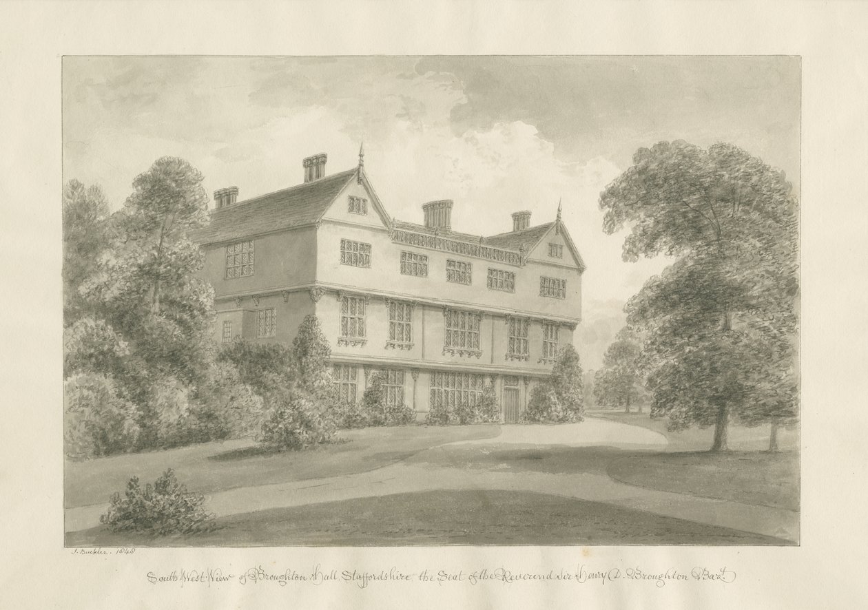 Broughton Hall: rysunek w sepii, 1848 autorstwa John Buckler