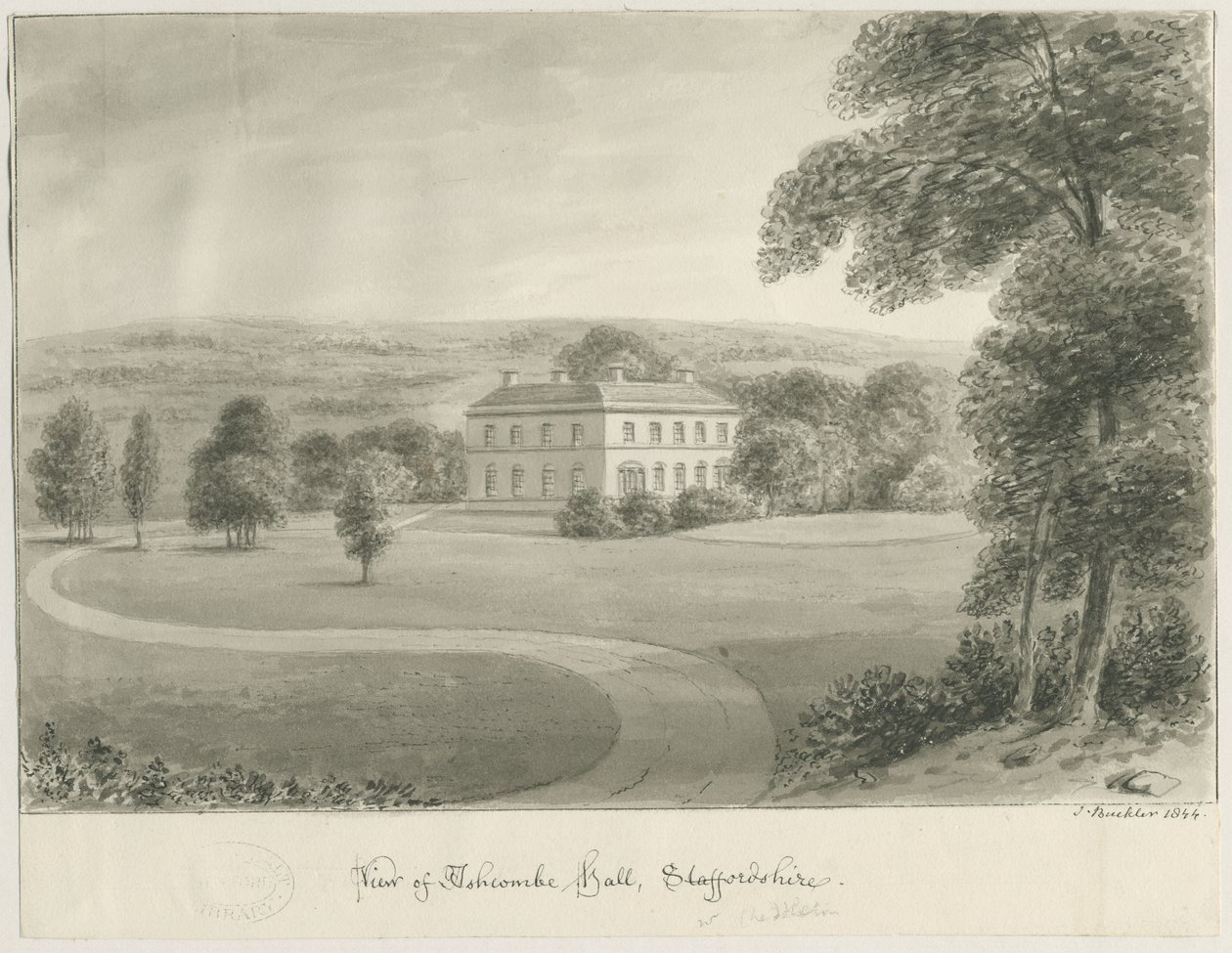 Cheddleton - Ashcombe Hall: rysunek w sepii, 1844 autorstwa John Buckler