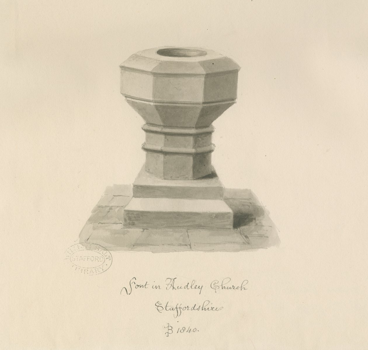 Czcionka w Audley Church: rysunek w sepii, 1840 autorstwa John Buckler