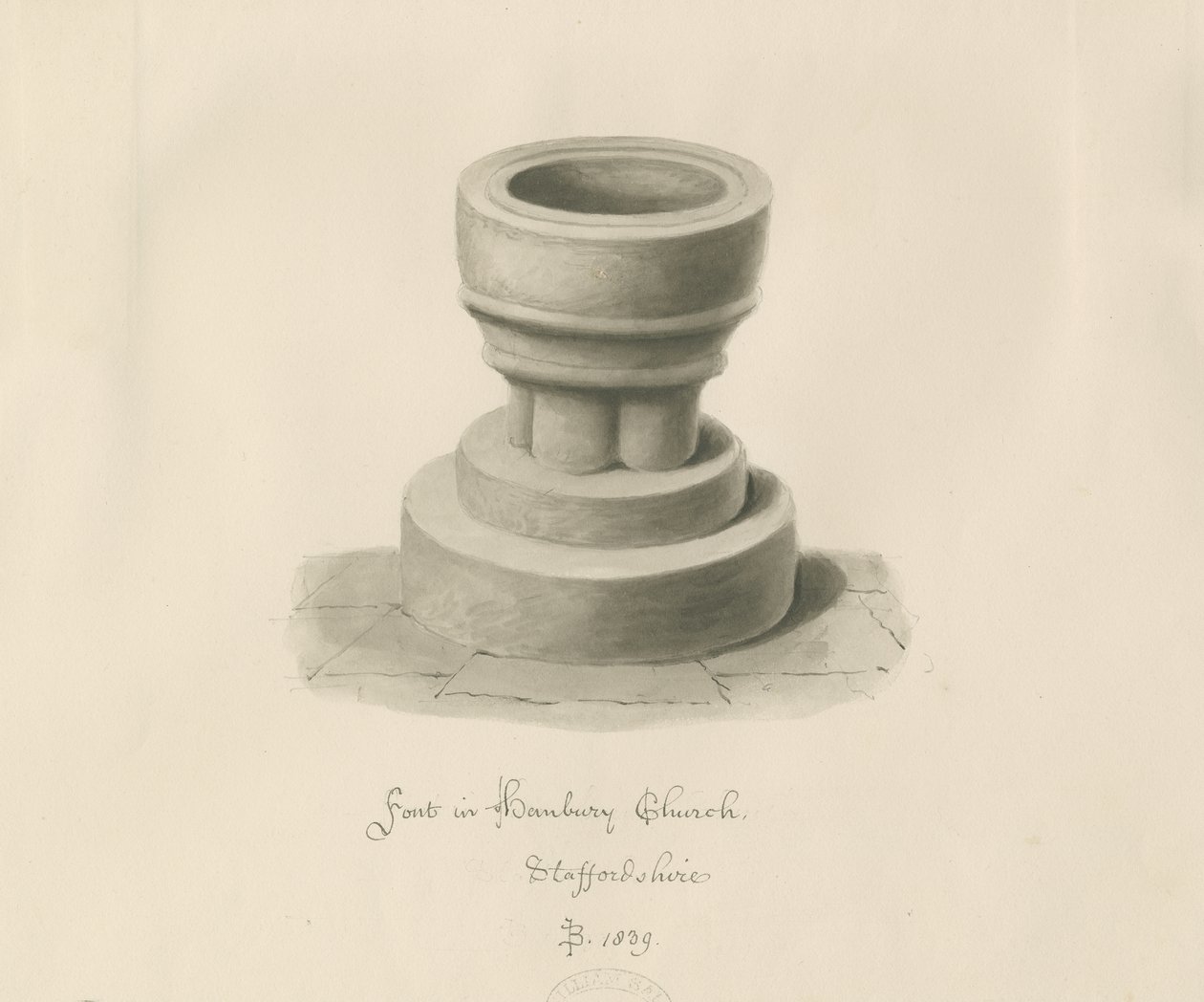 Czcionka w Hanbury Church: rysunek w sepii autorstwa John Buckler