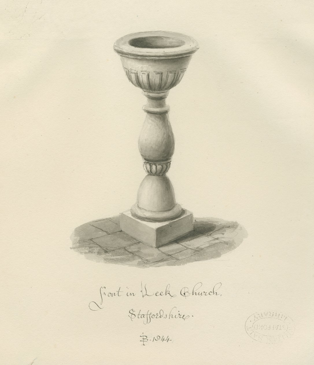 Czcionka w Leek Church: rysunek w sepii, 1844 autorstwa John Buckler