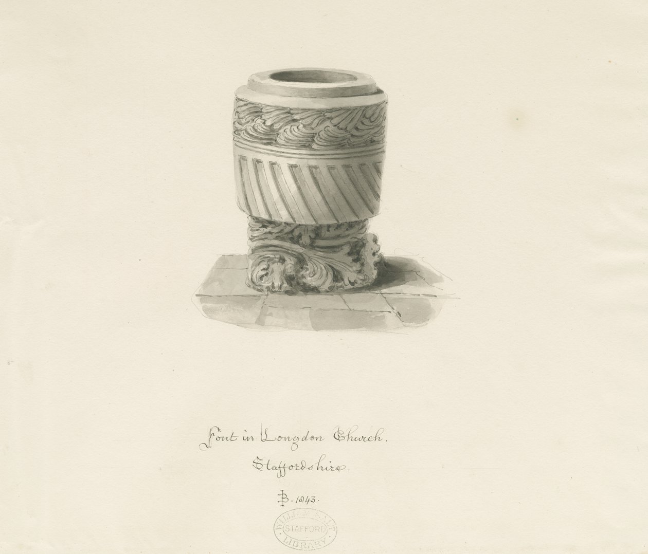 Czcionka w Longdon Church: rysunek w sepii autorstwa John Buckler