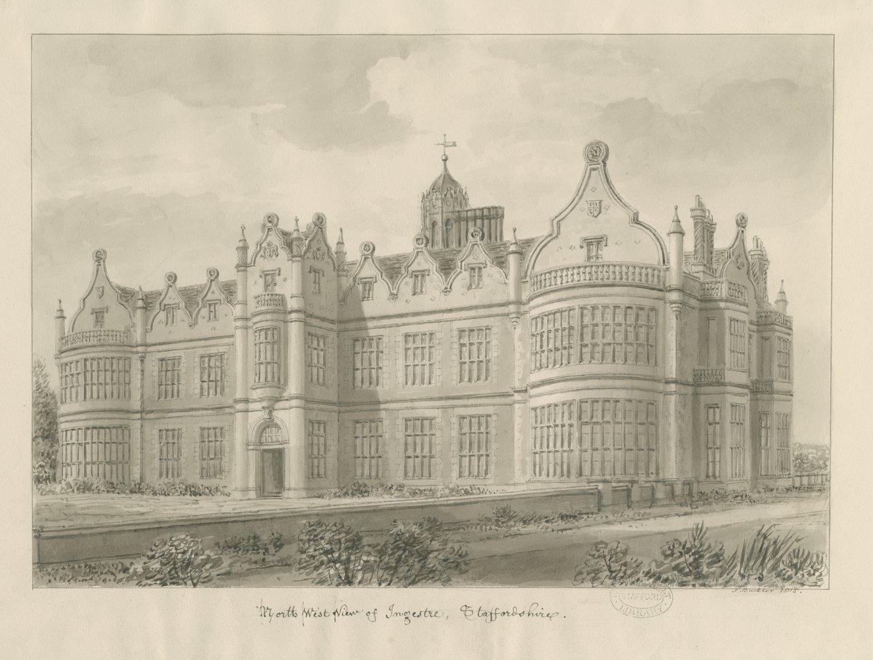 Ingestre Hall: rysunek w sepii autorstwa John Buckler