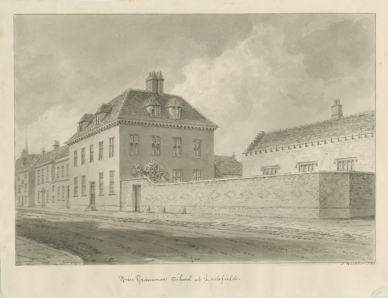 Lichfield - Grammar School: rysunek w sepii autorstwa John Buckler