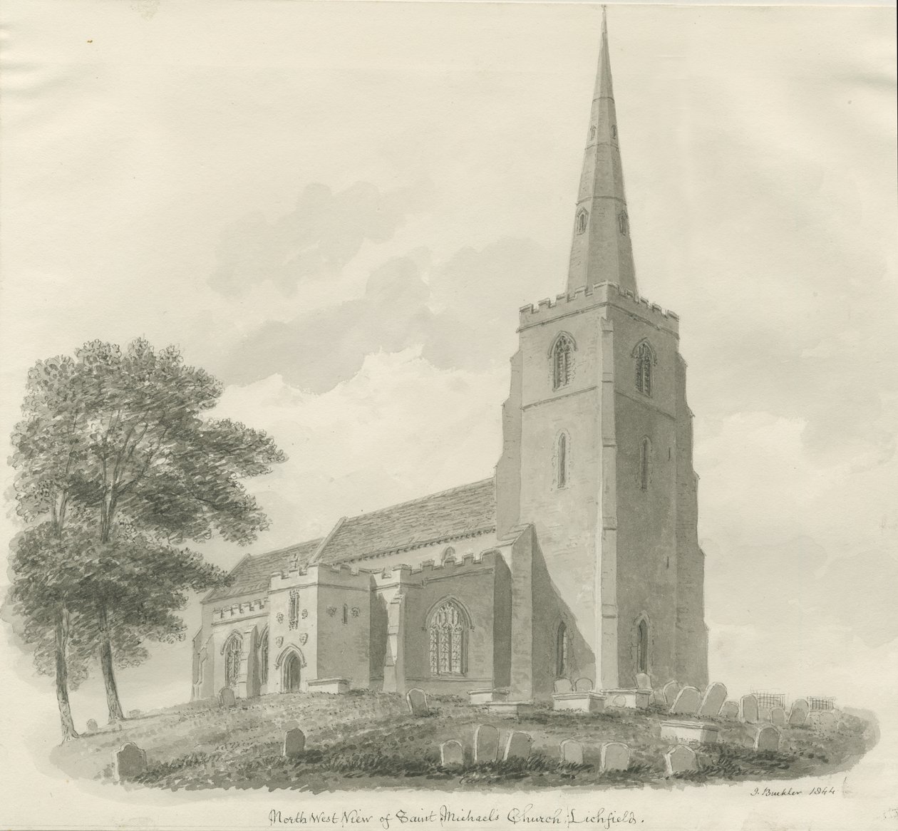 Lichfield - Kościół św. Michała: rysunek w sepii autorstwa John Buckler