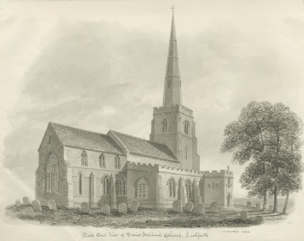 Lichfield - Kościół św. Michała: rysunek w sepii autorstwa John Buckler