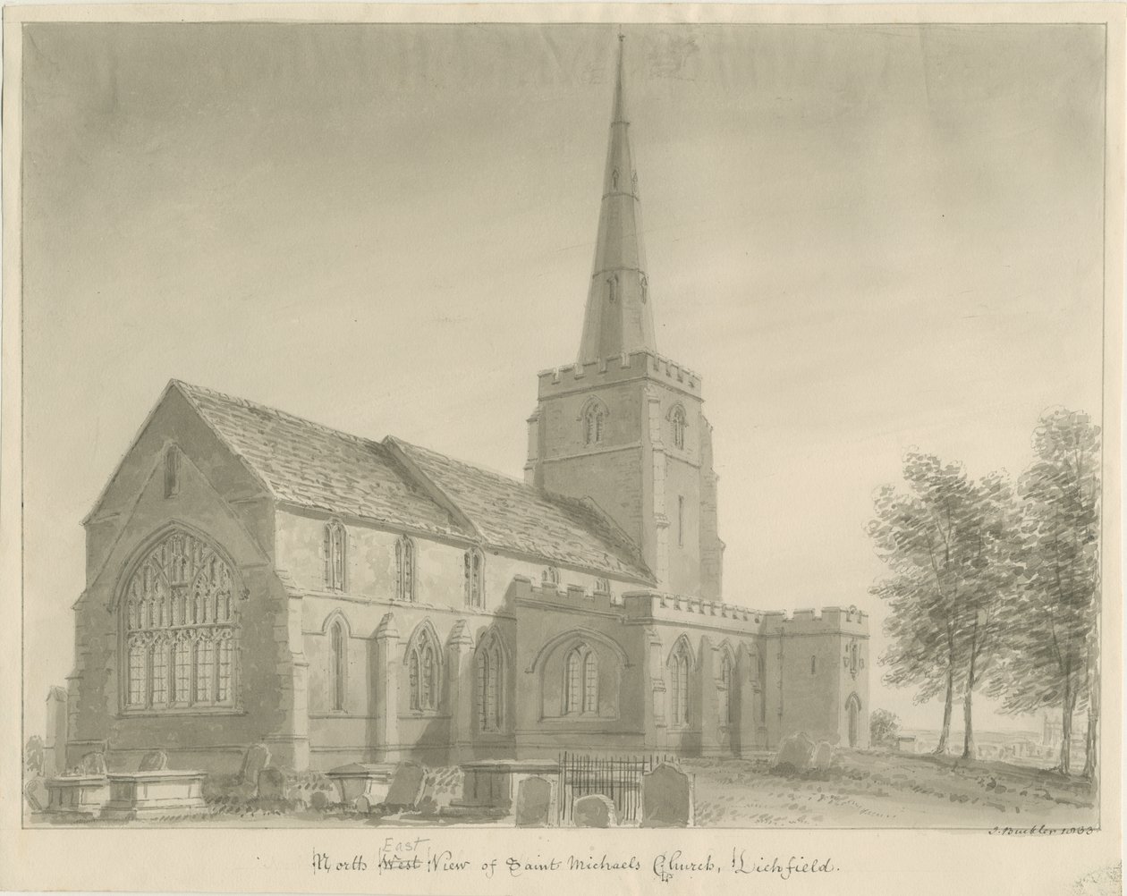 Lichfield - Kościół św. Michała: rysunek w sepii autorstwa John Buckler