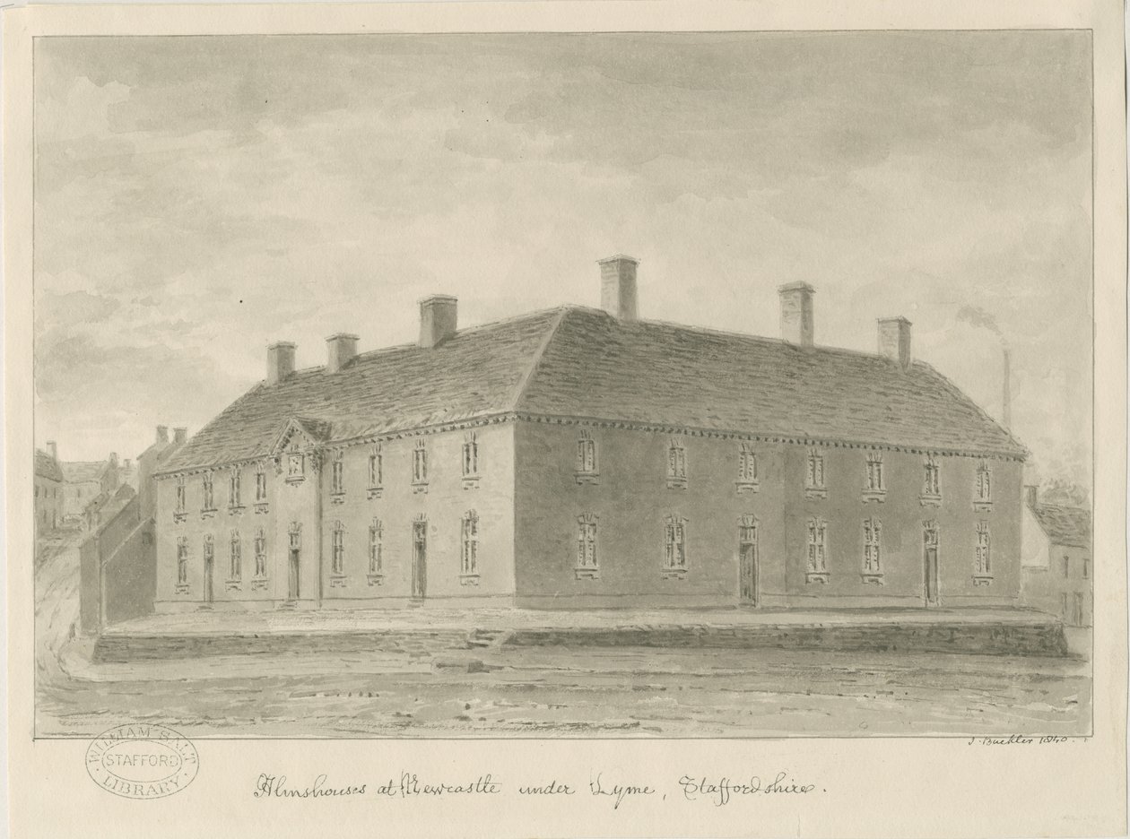 Newcastle-under-Lyme - Przytułki: rysunek w sepii, 1840 autorstwa John Buckler