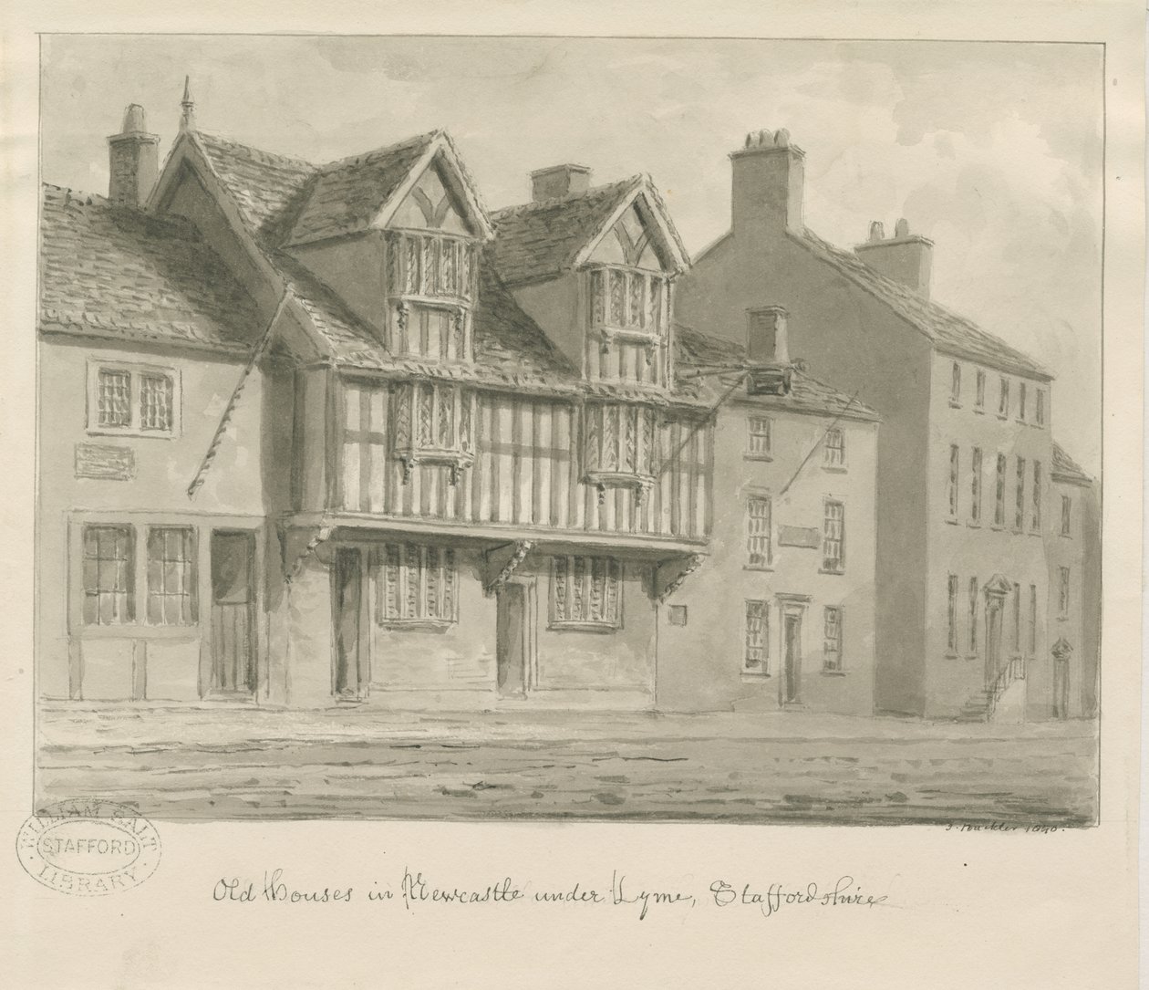 Newcastle-under-Lyme - Stare domy: rysunek w sepii, 1840 autorstwa John Buckler