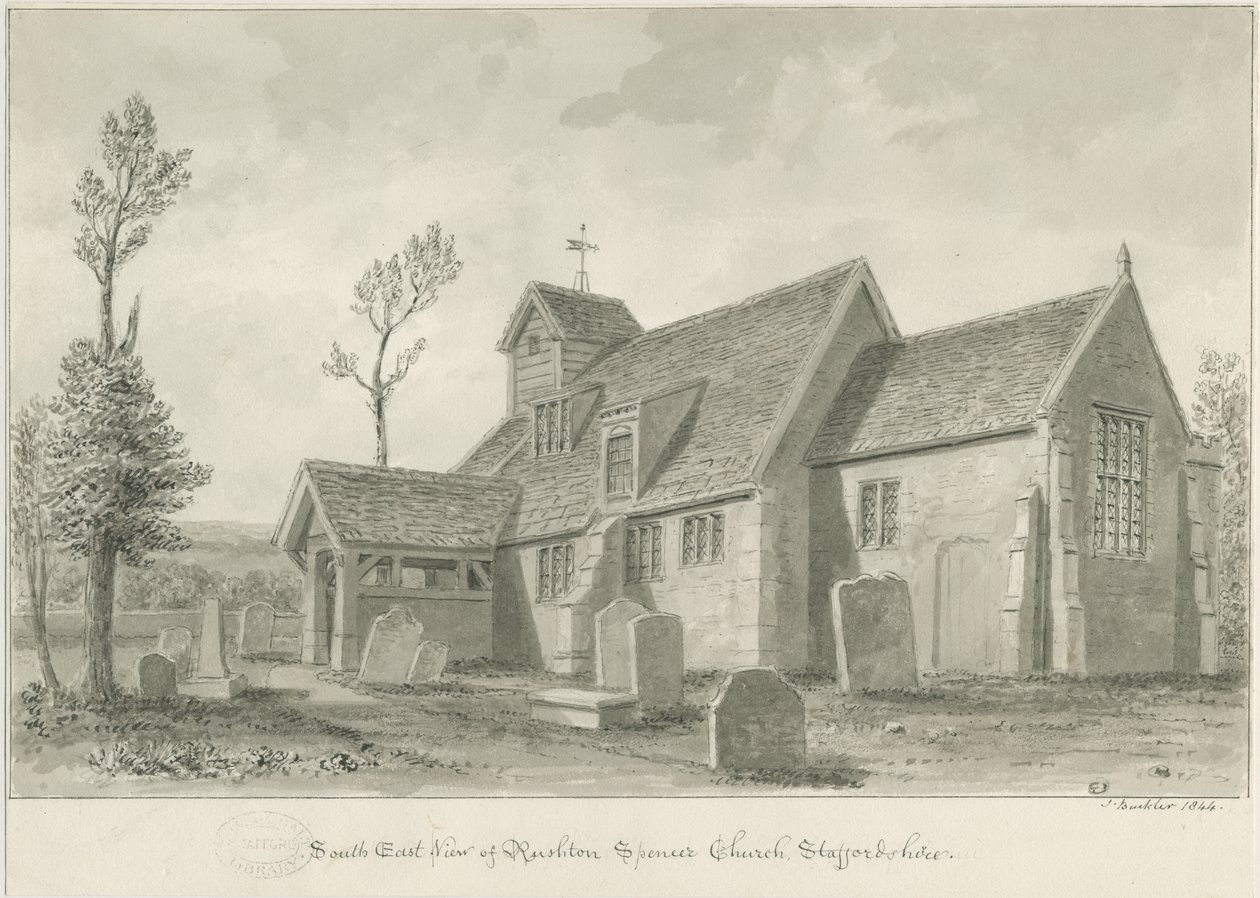Rushton Spencer Church: rysunek rozmyty w sepii, 1844 autorstwa John Buckler