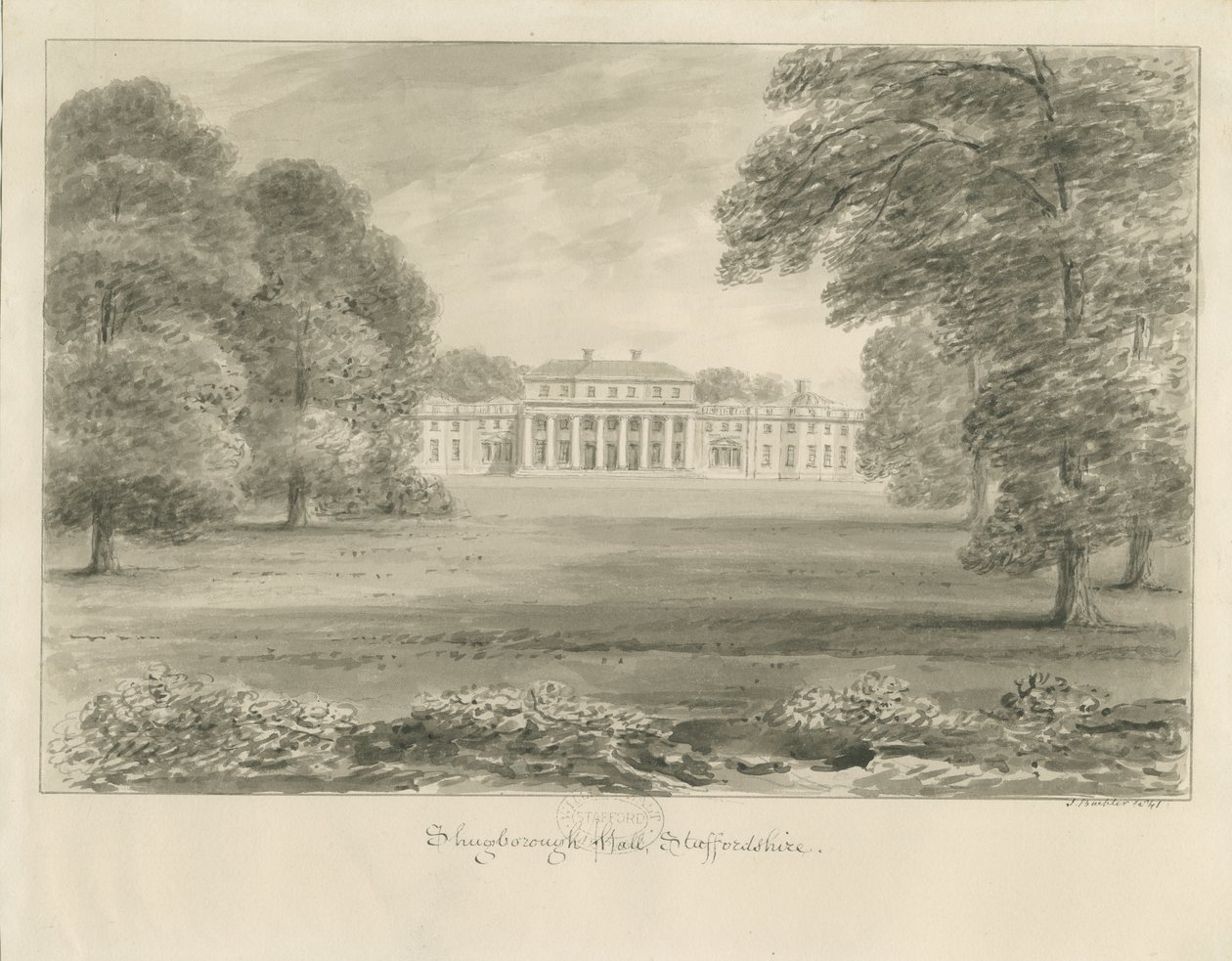 Shugborough Hall: rysunek w sepii autorstwa John Buckler