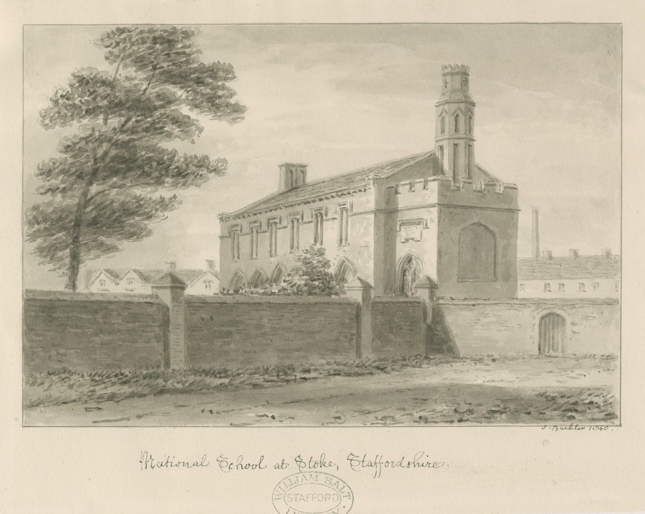Stoke-upon-Trent - Szkoła Narodowa: rysunek w sepii, 1840 autorstwa John Buckler
