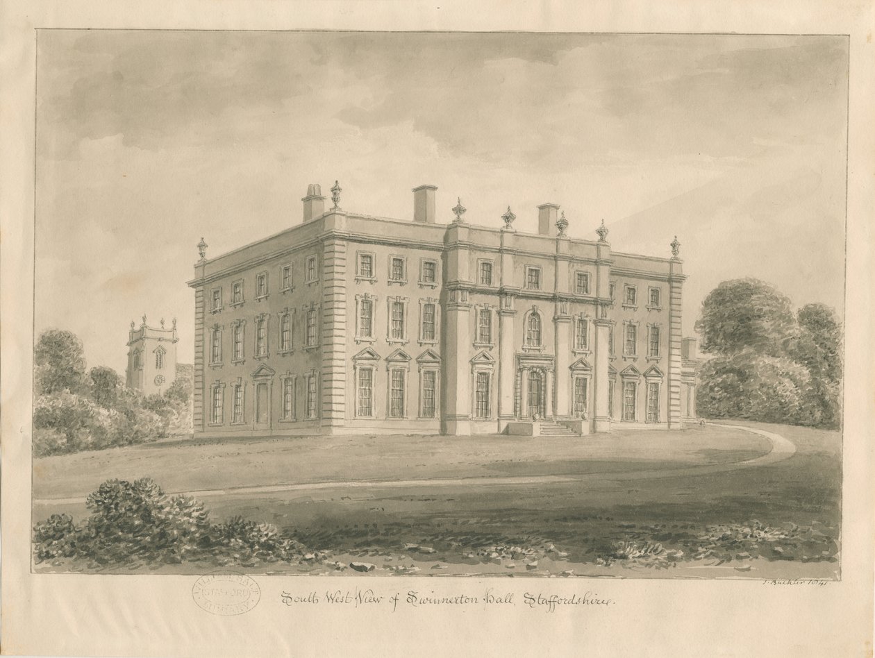 Swynnerton Hall: rysunek w sepii, 1841 autorstwa John Buckler