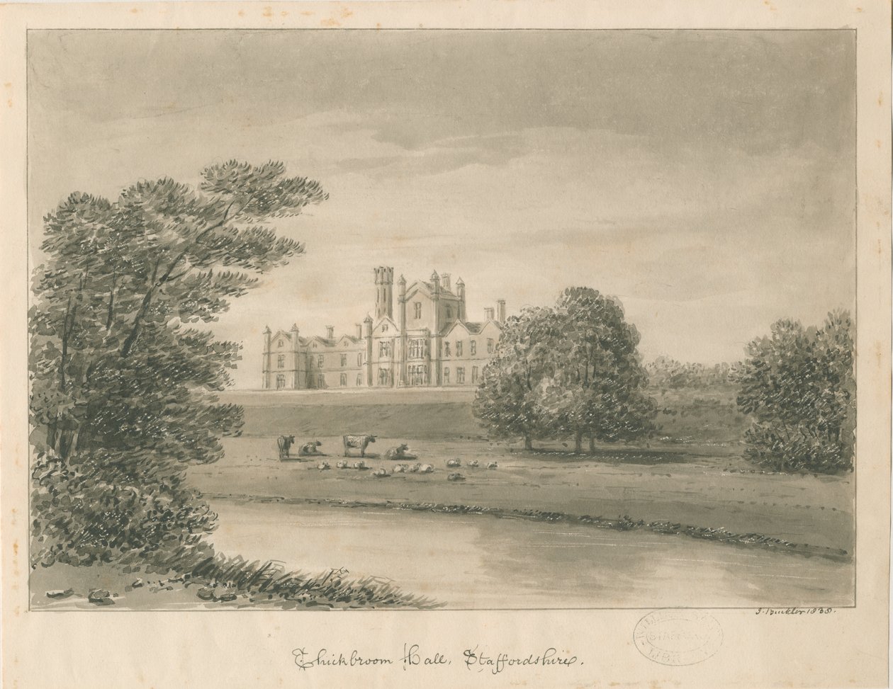 „Hickbroom Hall” [Manley Hall]: rysunek w sepii autorstwa John Buckler