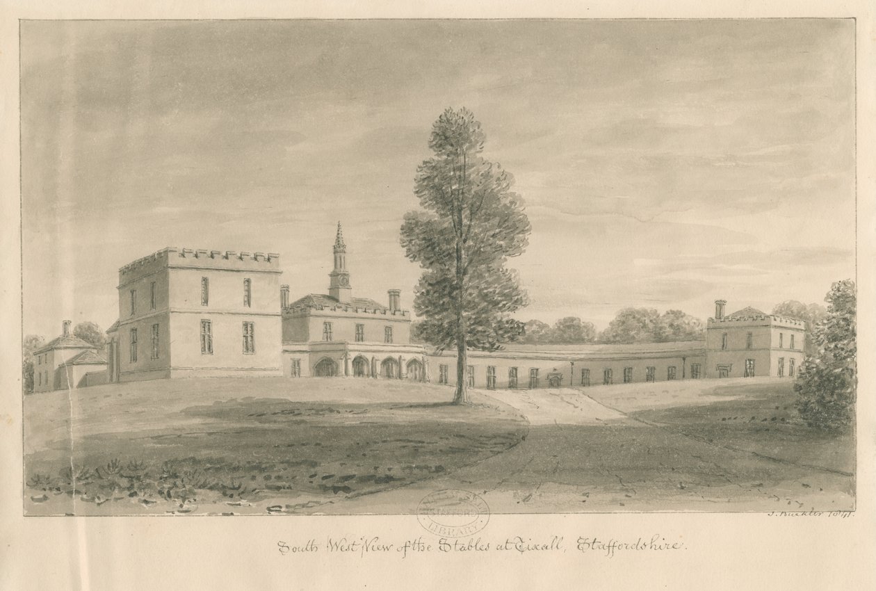 Tixall Hall - Stajnie: rysunek w sepii, 1841 autorstwa John Buckler
