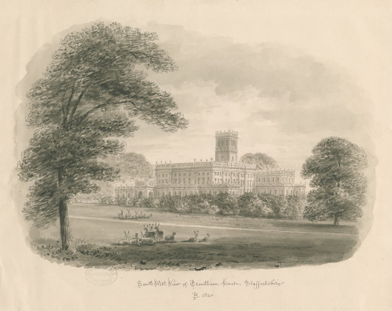 Trentham Hall: rysunek w sepii, 1840 autorstwa John Buckler