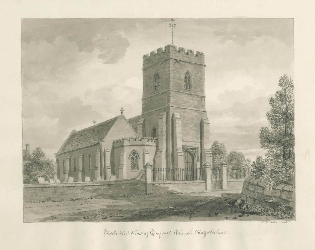 Kościół Trysull: rysunek w odcieniu sepii, 1846 autorstwa John Buckler