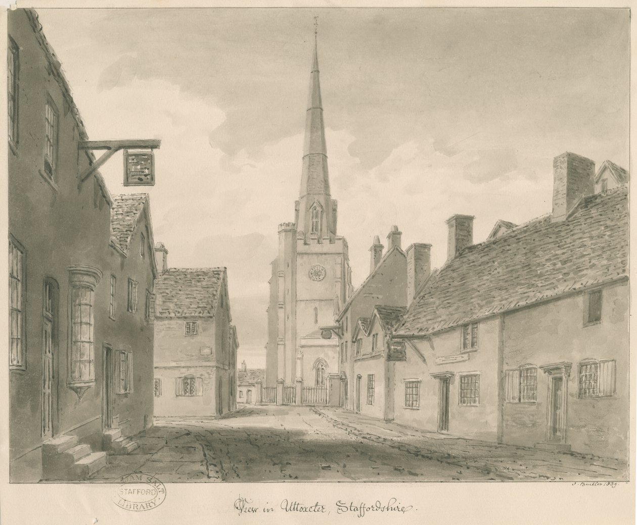 Uttoxeter Town - Street View: rysunek w sepii autorstwa John Buckler