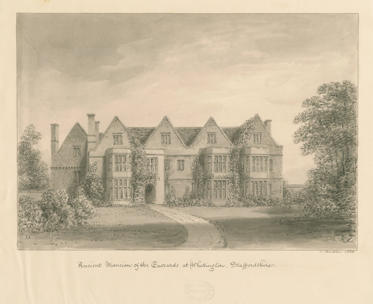 Whittington Hall: rysunek w sepii, 1838 autorstwa John Buckler