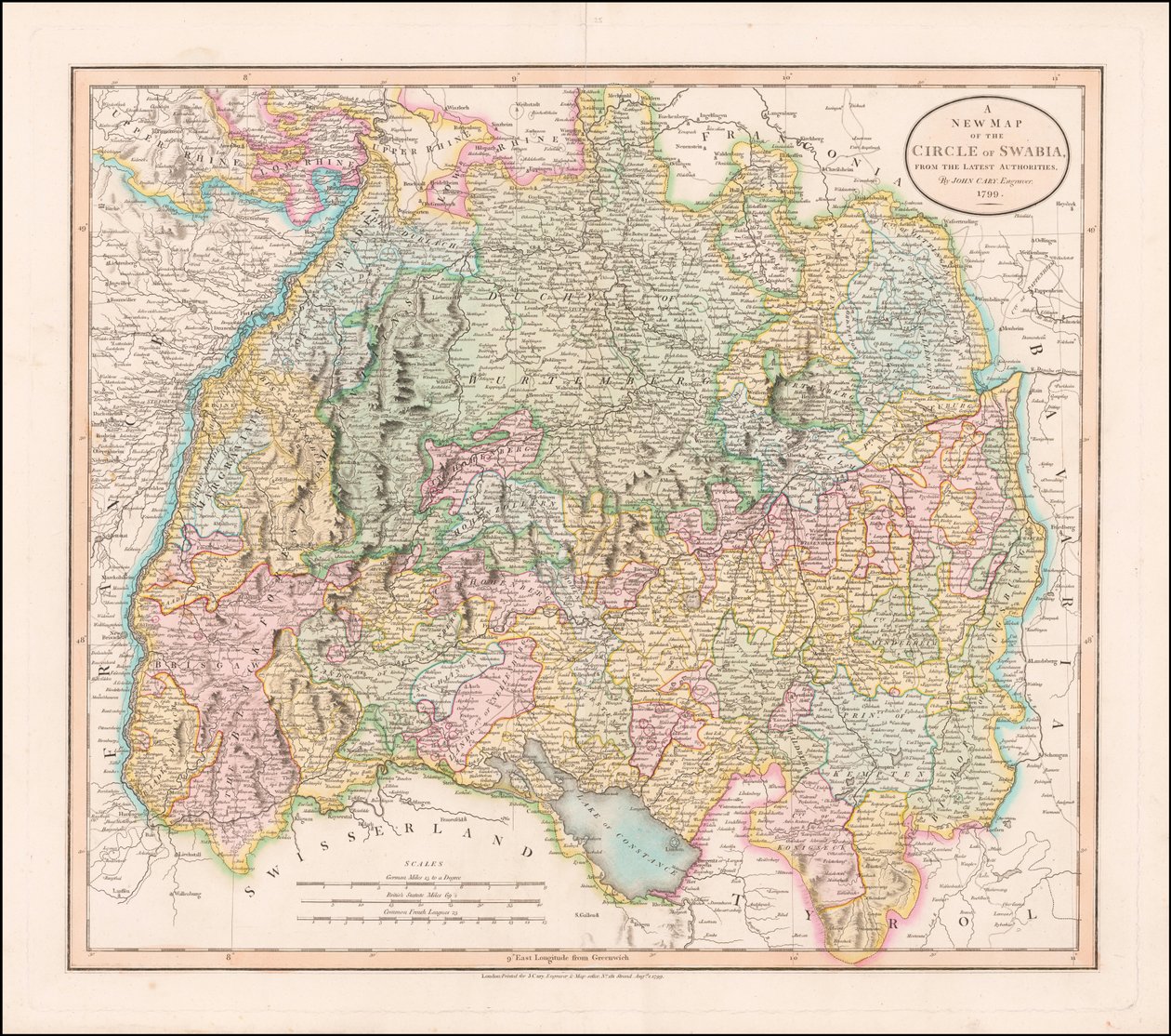 Mapa Szwabii z 1799 r. autorstwa Johna Cary