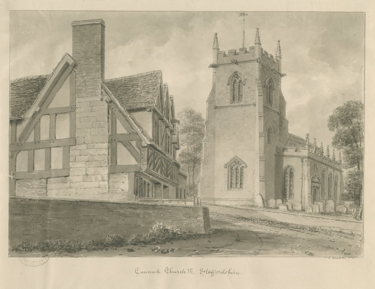 Kościół Cannock: rysunek w sepii, 1841 autorstwa John Chessell Buckler