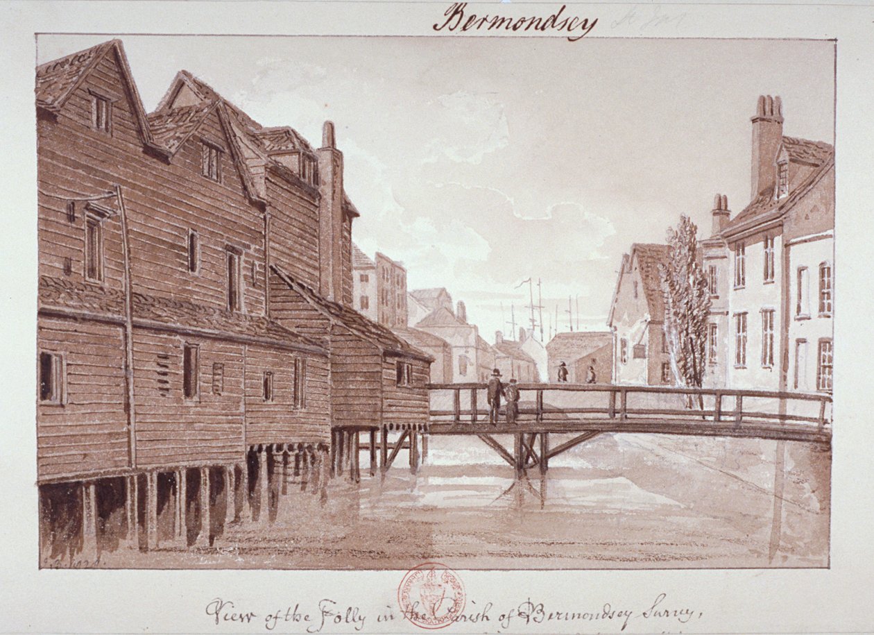 Dockhead Folly, Bermondsey, Londyn, 1828 autorstwa John Chessell Buckler